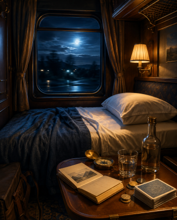 Cozy late-night sleeper train compartment with folded blanket, water glass, route book, brass compass, and warm lamplight