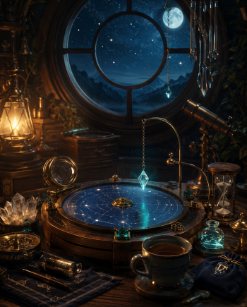 A cozy midnight observatory desk with glowing star charts, a brass lens, tea, crystals, and sleep-calibration tools in warm amber and blue light