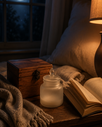 Cozy moonlit bedside scene with a wooden box, frosted glass jar, paperback book, folded blanket, and warm sleep-time lighting