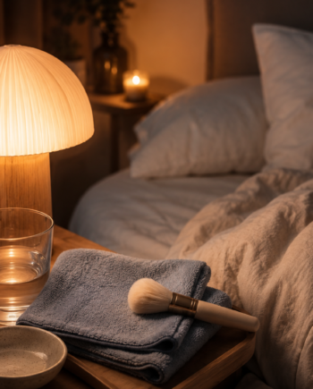 Soft bedside face-care scene with a warm lamp, folded cloth, soft brush, glass of water, and cozy bedtime textures arranged for a quiet ASMR personal-attention session.