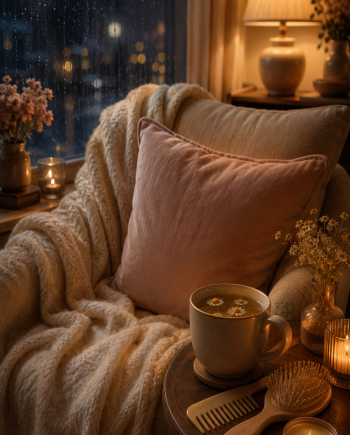 Warm rainy-night comfort setup with a blanket, tea, hair brush, and amber lamplight.