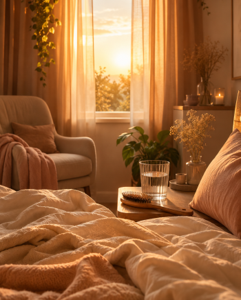 Warm morning bedroom scene with soft light, bedside water, hairbrush, and cozy blanket for a gentle wake-up ASMR script