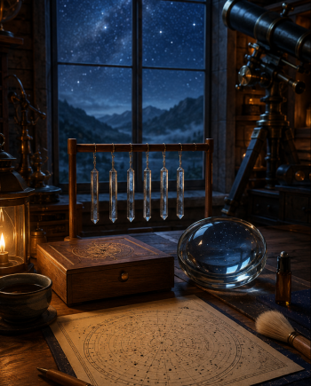 A calm nighttime observatory with a cedar workbench, crystal instruments, star charts, glass tools, and warm lantern light prepared for a sleep-focused calibration ritual.