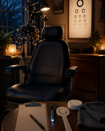 Alt text Dim cozy eye exam room with pen light, clipboard, lens paddle, and soft bedside lighting