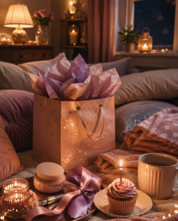 Cozy birthday sleepover ASMR scene with gift bag, tissue paper, soft face brush, blankets, and warm fairy lights.