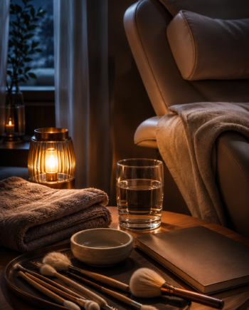 Cozy nighttime ASMR care station with ear brushes, warm towel, soft lamp, and quiet treatment chair.