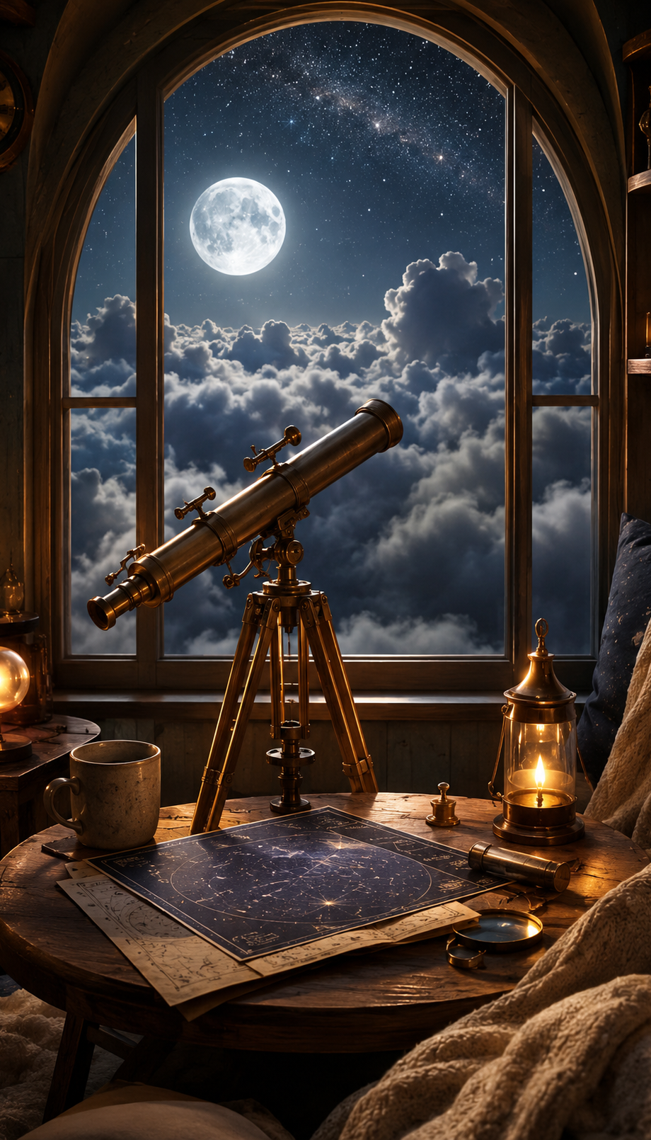 A cozy free ASMR sleep roleplay with blanket care, star chart paper, gentle telescope clicks, lens wiping, and cloud counting.