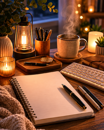 Cozy nighttime desk with notebook, pen, keyboard, mug, and warm lamp for an ASMR sleep script.