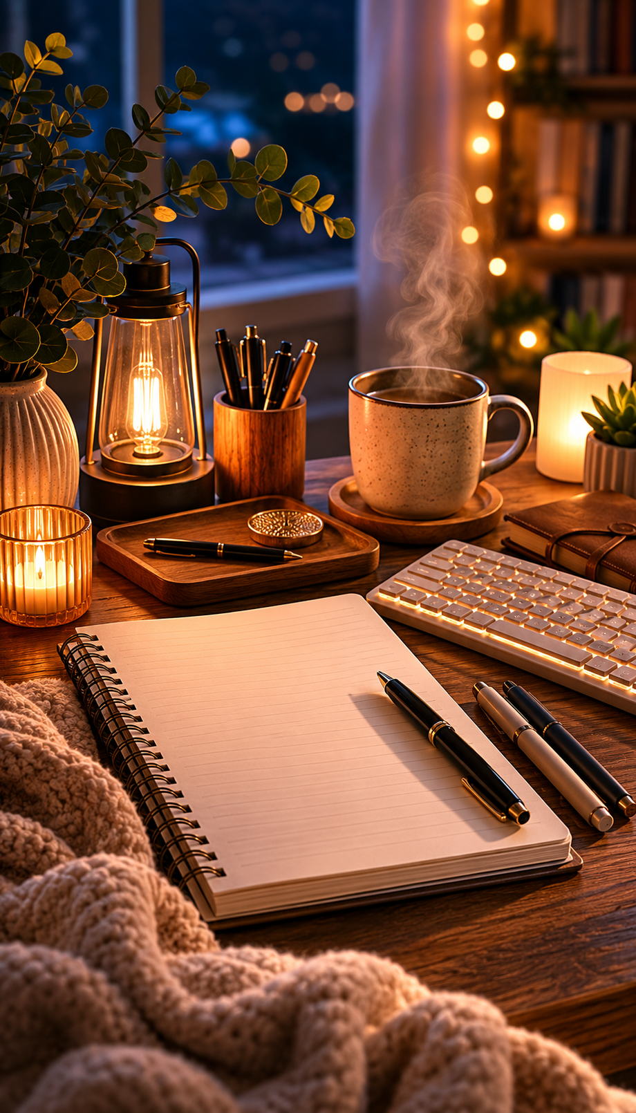 Cozy nighttime desk with notebook, pen, keyboard, mug, and warm lamp for an ASMR sleep script.