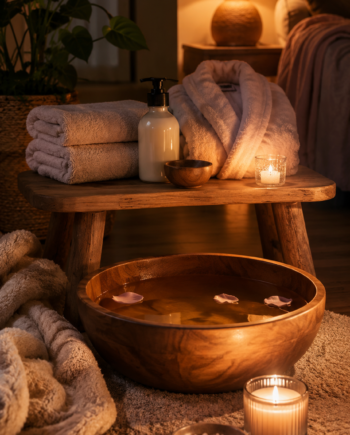 Accessibility alt text Warm home foot spa scene with towels, lotion, candle, and bedtime lighting.
