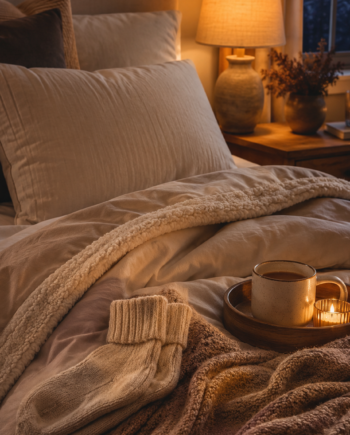 A cozy bedtime scene with folded socks, layered blankets, warm lamplight, pillows, and a tea tray near the bed.