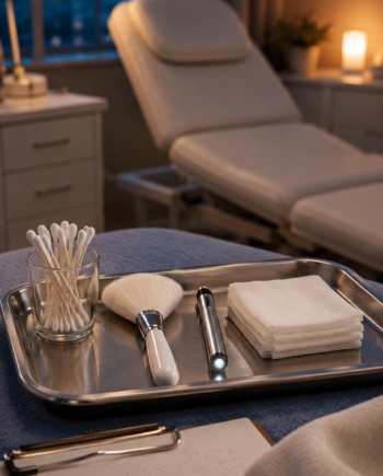 Warm clinical ASMR exam tray with cotton swabs, soft brush, pen light, folded cloth, and clipboard.