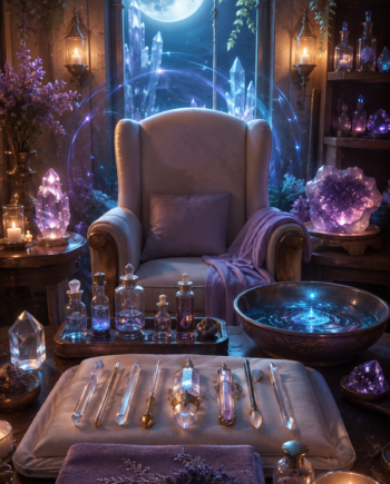 Moonlit fantasy healer sanctuary with crystal tools, folded cloth, glowing bowl, candles, and treatment chair