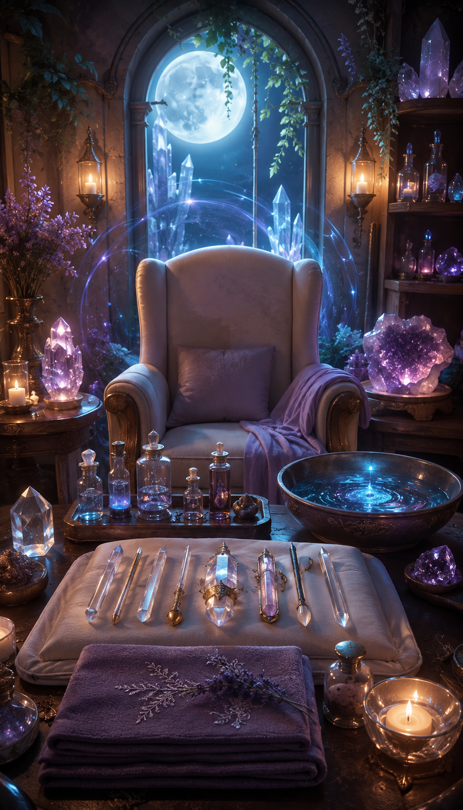 Moonlit fantasy healer sanctuary with crystal tools, folded cloth, glowing bowl, candles, and treatment chair