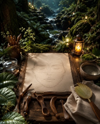Moonlit forest-spirit face mapping setup with parchment face map, wooden tools, leaves, moss, and lantern glow