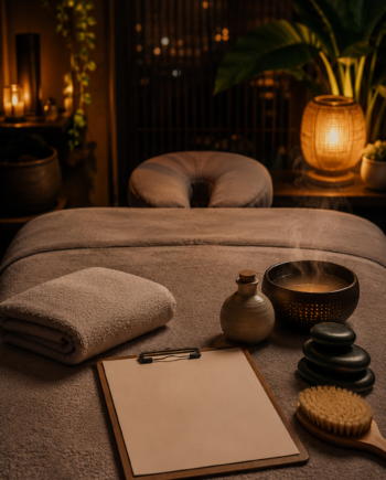 Warm massage studio intake setup with towel, clipboard, oil bottle, stones, and soft amber spa lighting.