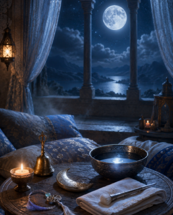 Moonlit temple sleep ritual table with candle, bell, water bowl, folded cloth, and silver-blue fantasy lighting.
