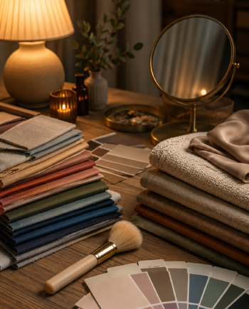 Cozy styling table with fabric swatches, color cards, and a soft brush under warm lamp light.