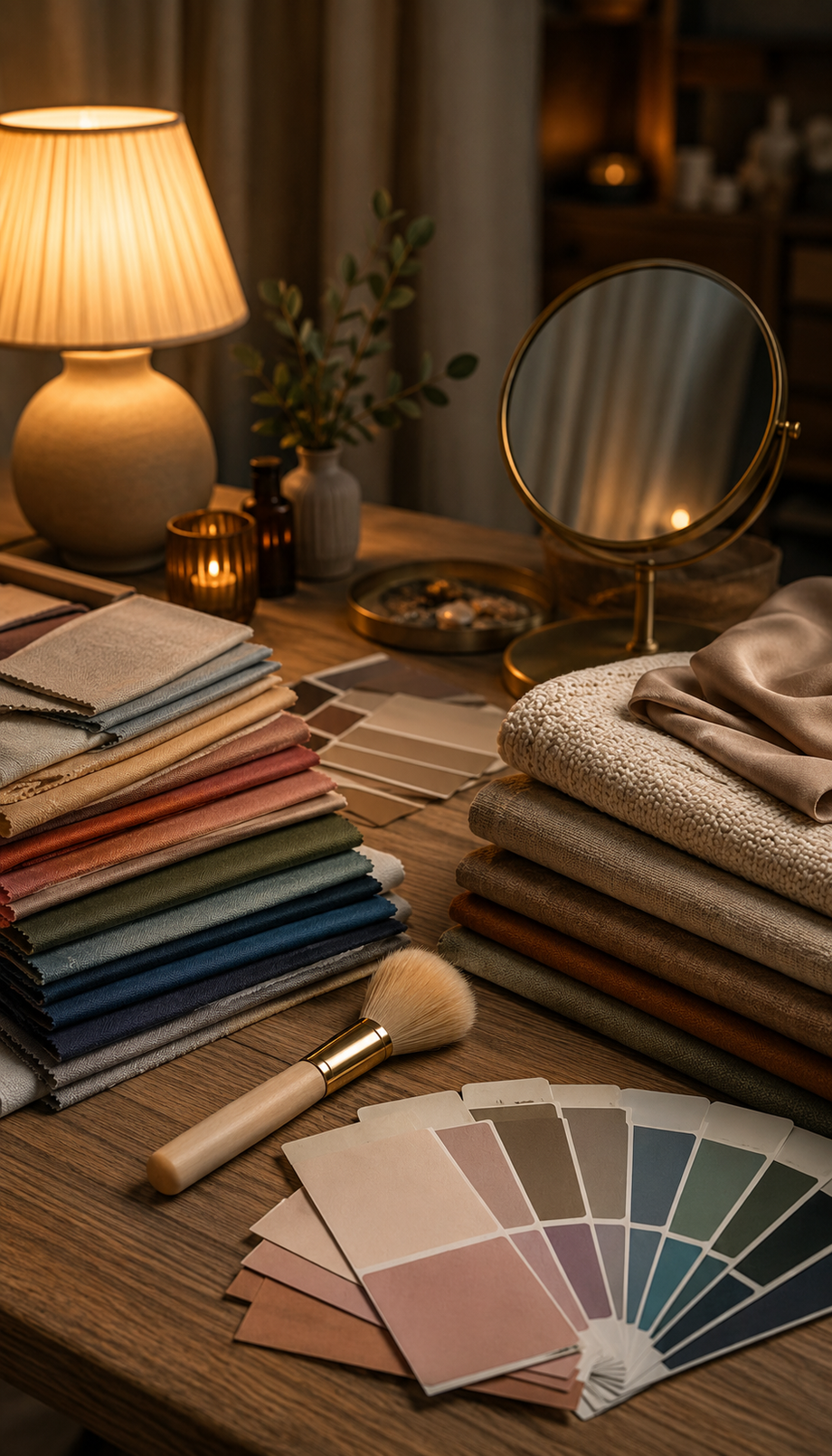 Cozy styling table with fabric swatches, color cards, and a soft brush under warm lamp light.