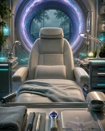 Quiet sci-fi exam room with scanner tools and a softly glowing portal.