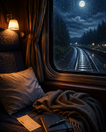 Cozy empty overnight train compartment with a folded blanket, paper ticket, warm lamp, and rain on the window