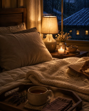 Cozy rainy bedroom bedtime care setup with blanket, warm lamp, tea mug, and rain on the window.