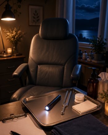 A quiet late-night ASMR cranial nerve exam setup with a pen light, clipboard, cotton pad, and soft clinical chair.
