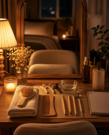 Cozy nighttime vanity with a wooden comb, hair clips, towel, and scalp-care tools for a soft ASMR hair-parting script.
