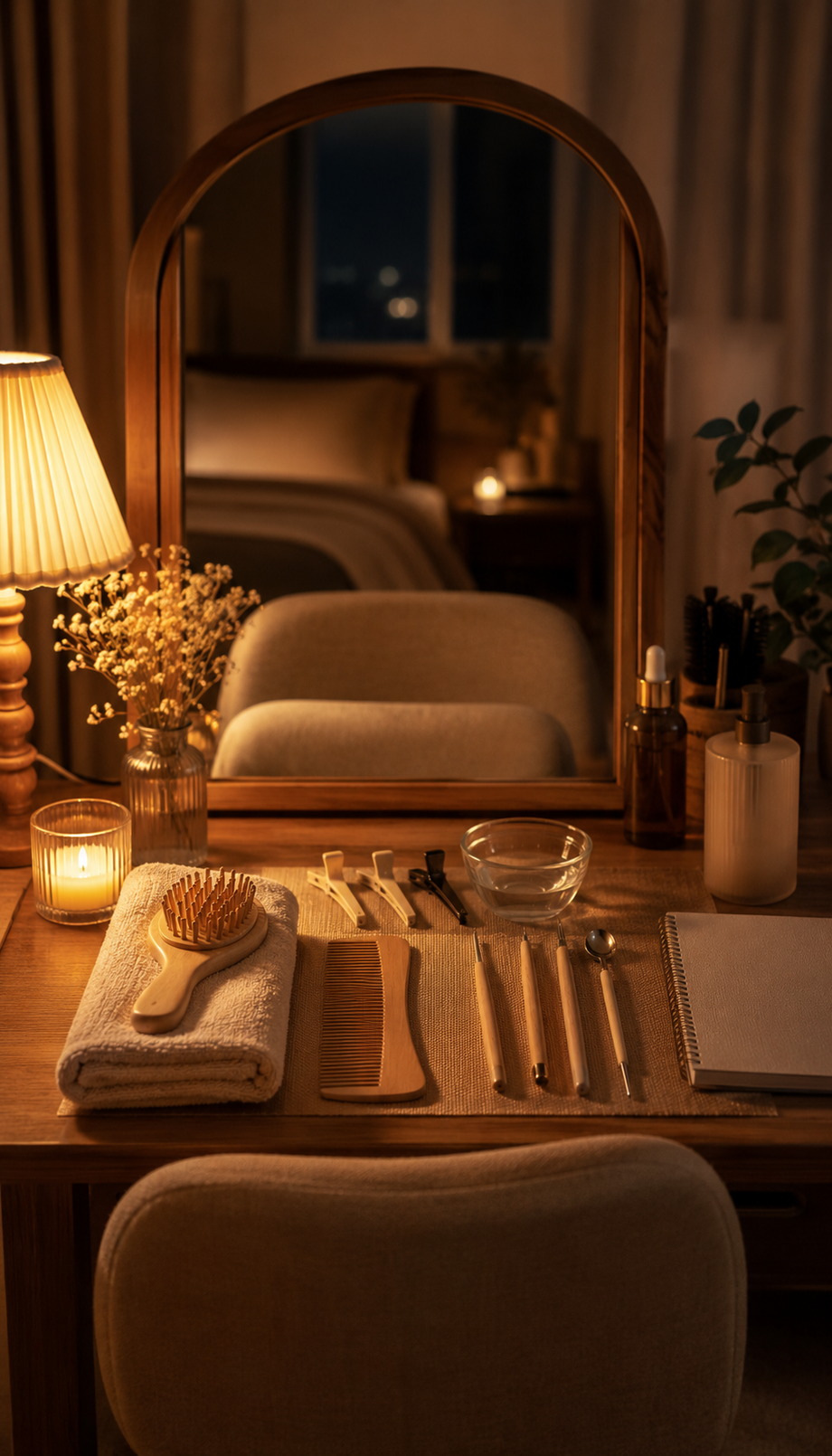 Cozy nighttime vanity with a wooden comb, hair clips, towel, and scalp-care tools for a soft ASMR hair-parting script.