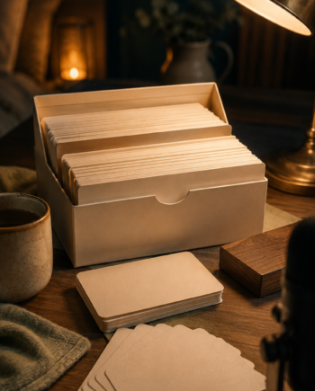 Cozy nighttime desk with blank compliment cards, a catalog box, warm lamp light, mug, cloth, and ASMR recording props.