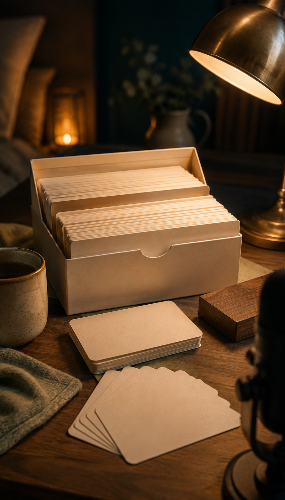 Cozy nighttime desk with blank compliment cards, a catalog box, warm lamp light, mug, cloth, and ASMR recording props.