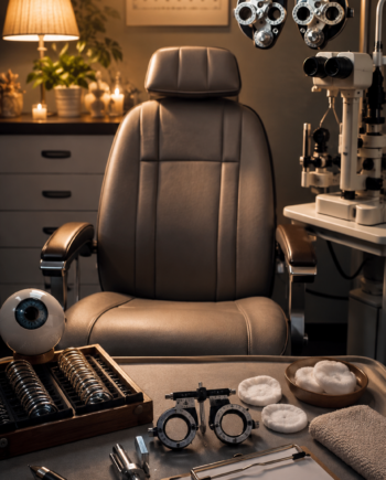 Cozy optometrist exam room with lens tools, pen light, clipboard, and warm evening lighting.