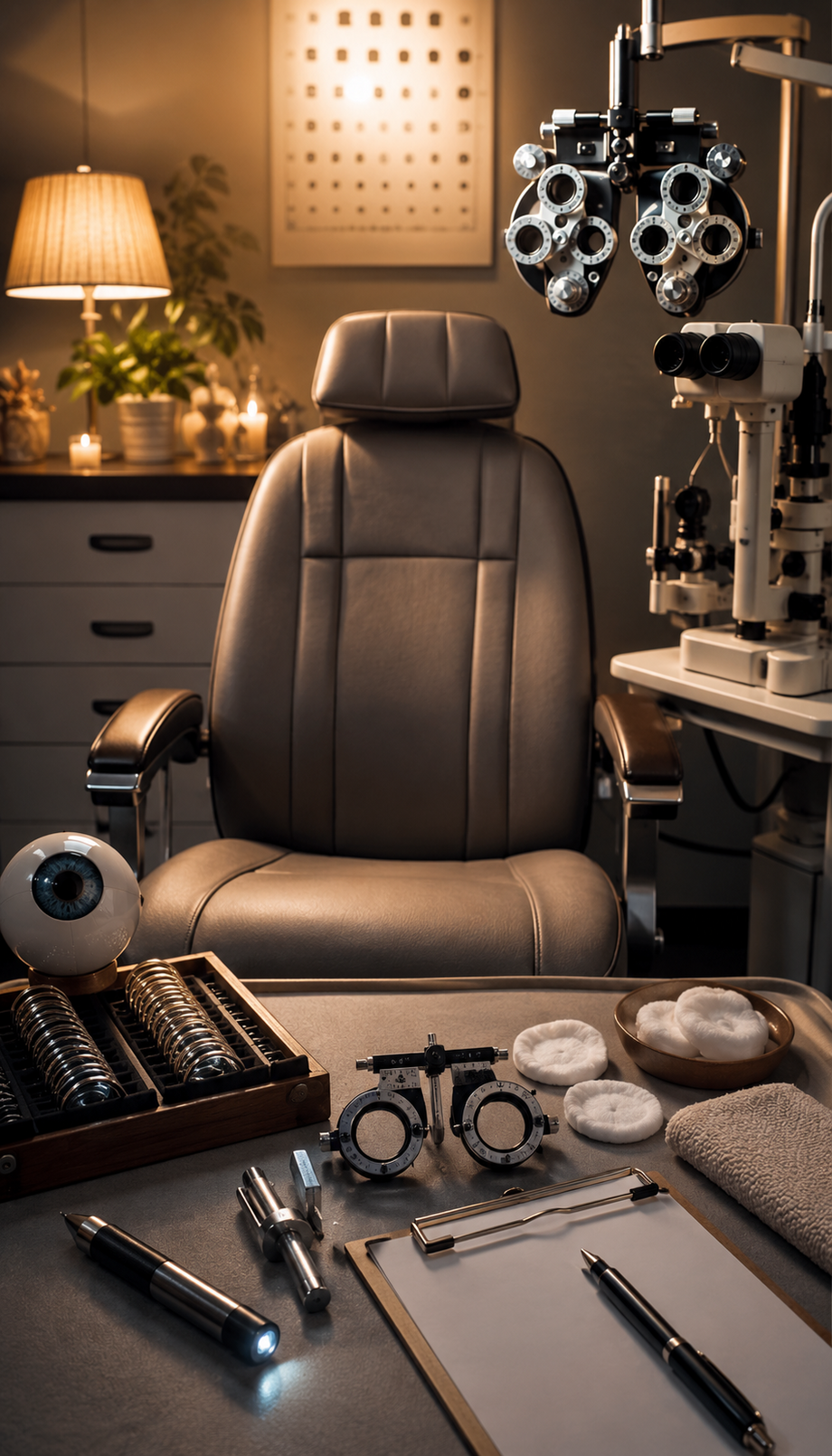 Cozy optometrist exam room with lens tools, pen light, clipboard, and warm evening lighting.