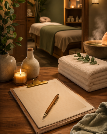Warm spa reception setup with clipboard, pen, candle, towels, massage oil bottle, and softly lit treatment room.