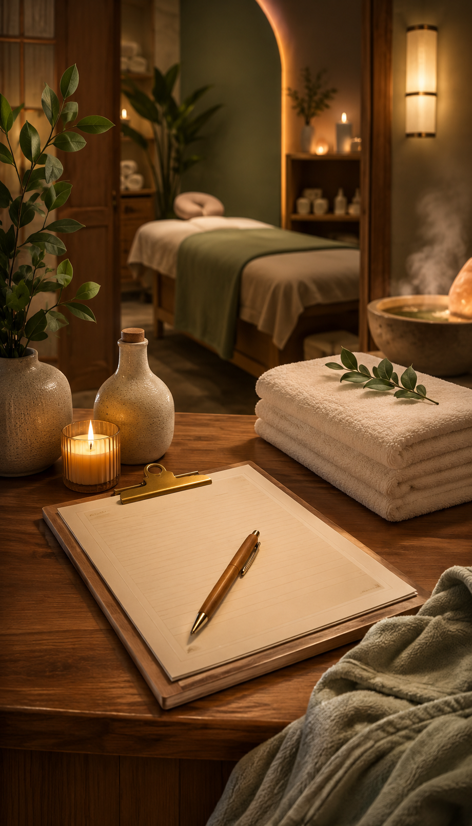 Warm spa reception setup with clipboard, pen, candle, towels, massage oil bottle, and softly lit treatment room.