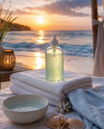 Text-free beachside after-sun care setup with aloe, towel, shells, and cool water