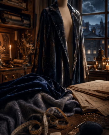 Cozy midnight tailor studio with fabric, measuring tape, chalk, pattern paper, and a dream coat on a mannequin.