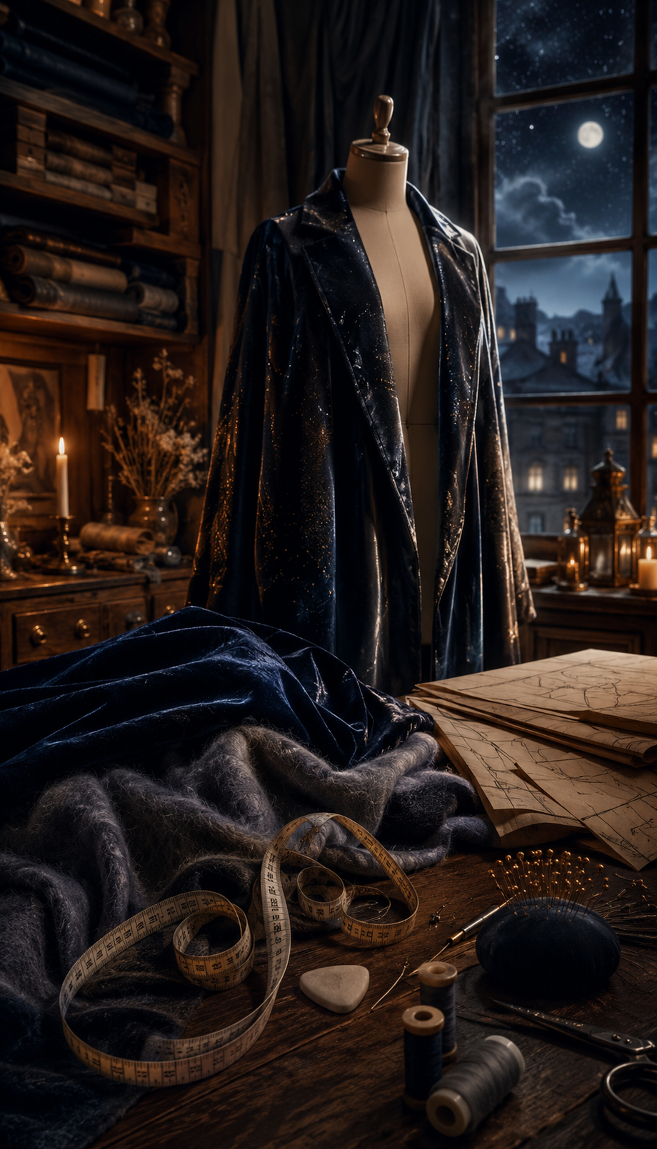 Cozy midnight tailor studio with fabric, measuring tape, chalk, pattern paper, and a dream coat on a mannequin.
