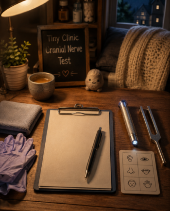 Cozy tiny clinic desk with clipboard, penlight, tuning fork, gloves, and soft exam props for a cranial nerve ASMR roleplay.