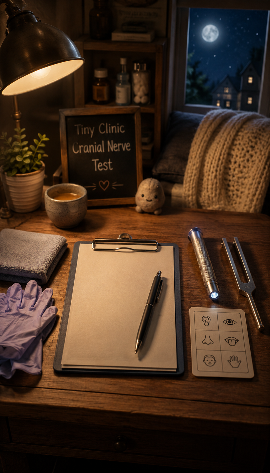 Cozy tiny clinic desk with clipboard, penlight, tuning fork, gloves, and soft exam props for a cranial nerve ASMR roleplay.