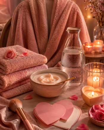 Cozy candlelit self-care spa setup with folded towels, lotion, heart cards, and a soft brush.