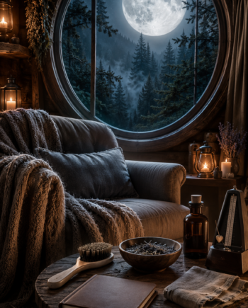 Moonlit cabin chair with blanket, brush, herbs, and candles for a werewolf calming ASMR script.