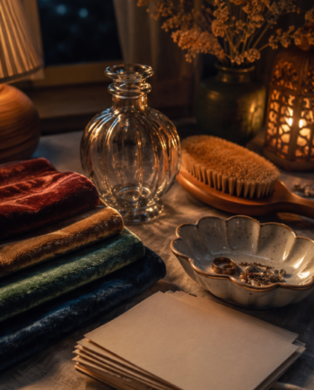 Cozy tabletop arrangement of favorite objects for a whispered ASMR show-and-tell script.