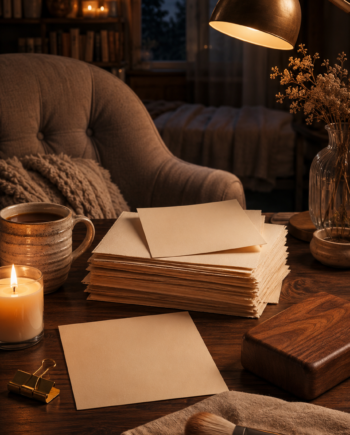 Cozy ASMR desk with blank paper notes, candlelight, mug, brush, linen, and wooden tapping block.