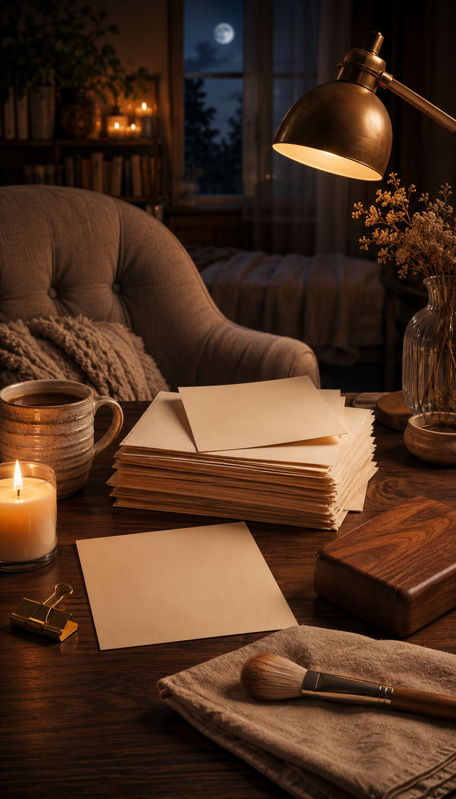 Cozy ASMR desk with blank paper notes, candlelight, mug, brush, linen, and wooden tapping block.
