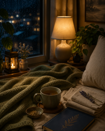 Cozy nighttime ASMR scene with warm bedside lamp, rain-speckled window, folded blanket, tea, and soft cloth for a safety-focused sleep script.