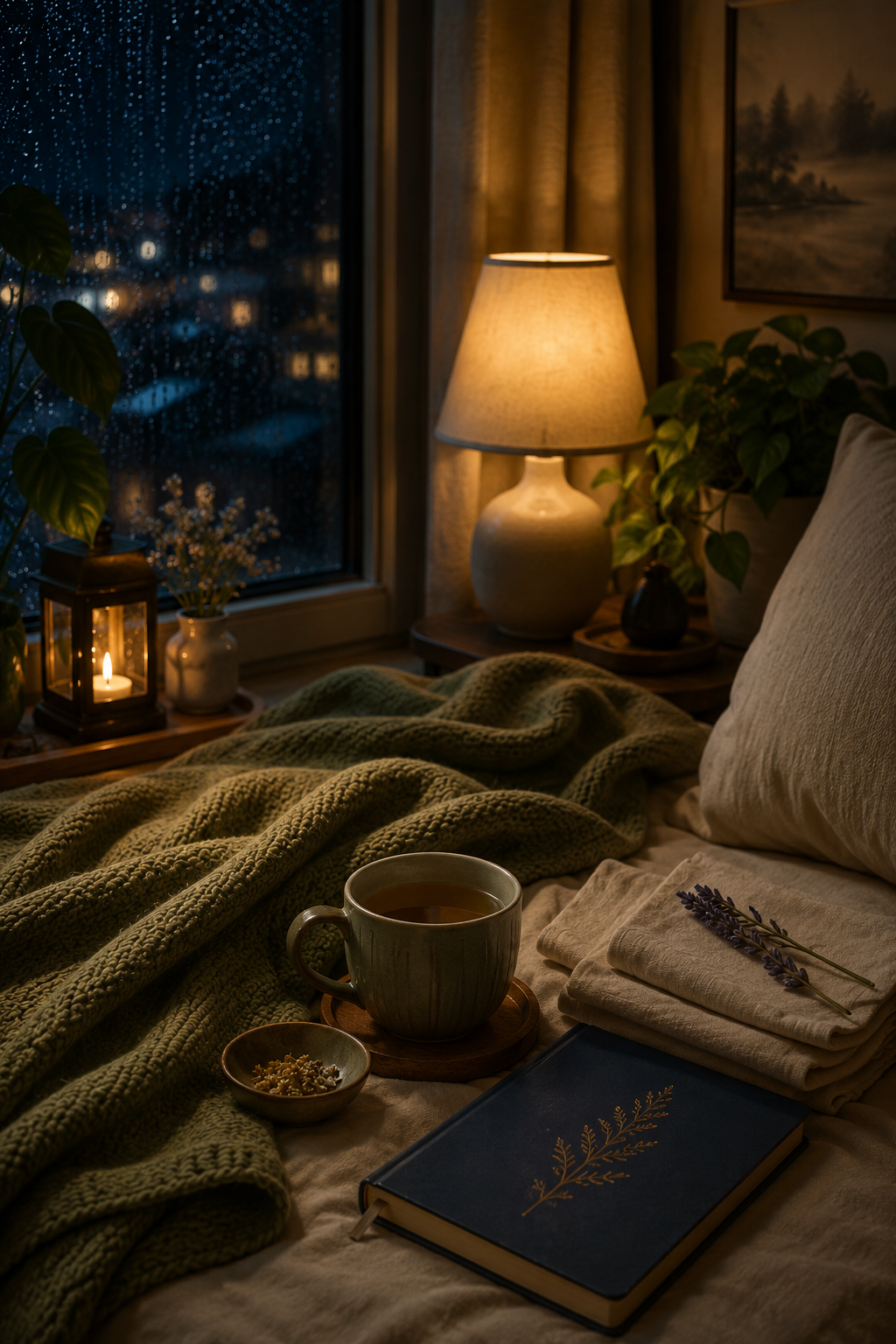 Cozy nighttime ASMR scene with warm bedside lamp, rain-speckled window, folded blanket, tea, and soft cloth for a safety-focused sleep script.